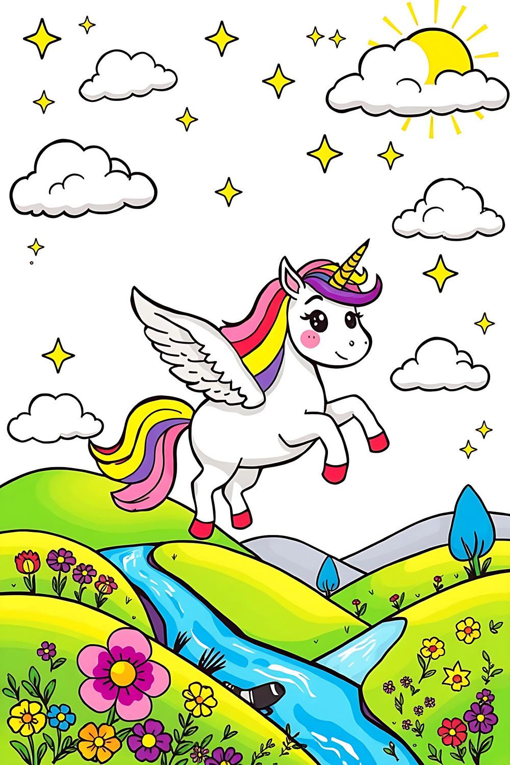 Magic Unicorn's Flight Coloring Pages for Kids - A vibrant unicorn soaring through a bright blue sky