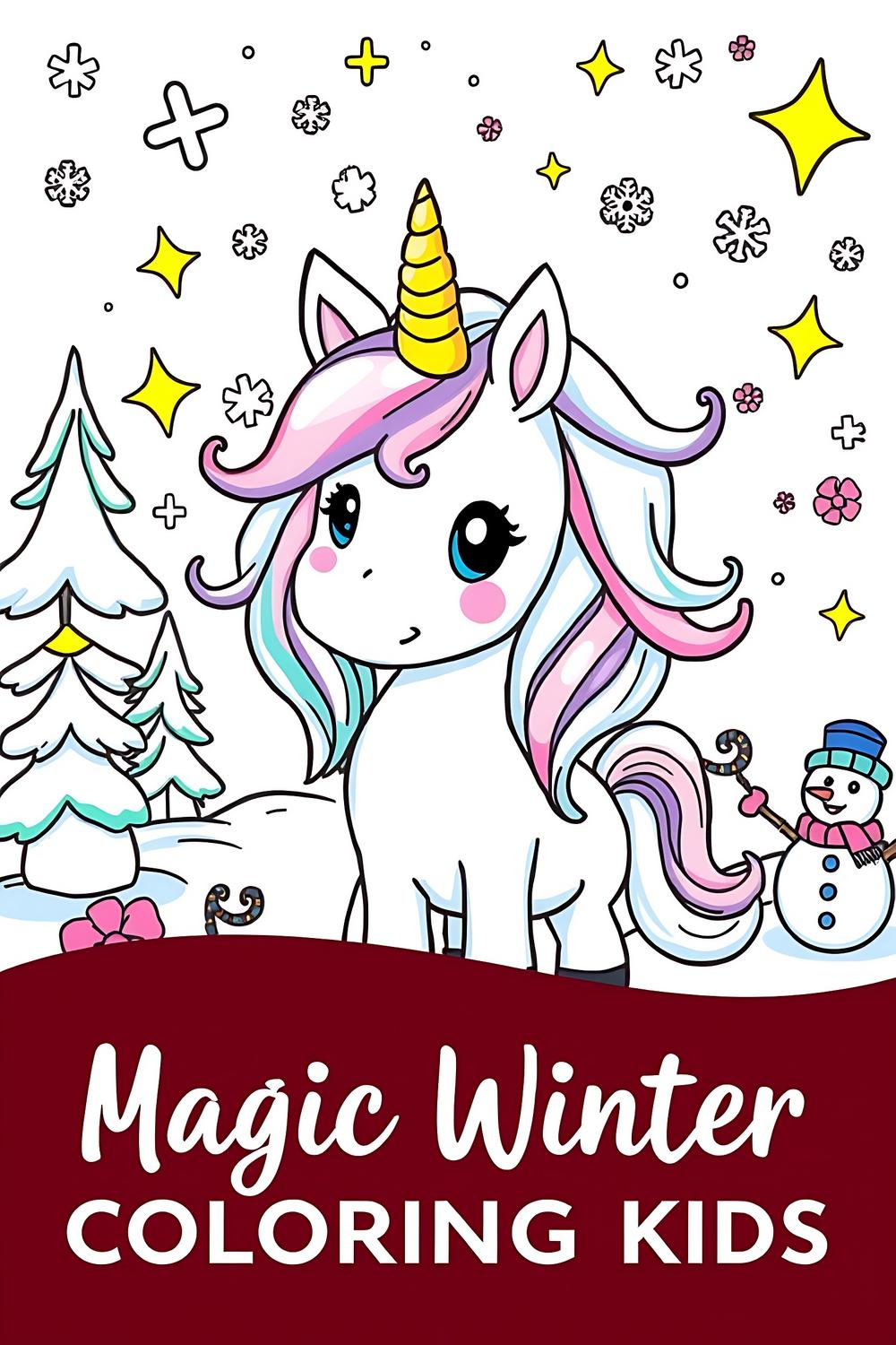 Whimsical Magic Winter Unicorn coloring page for kids featuring a cute unicorn in a snowy scene.