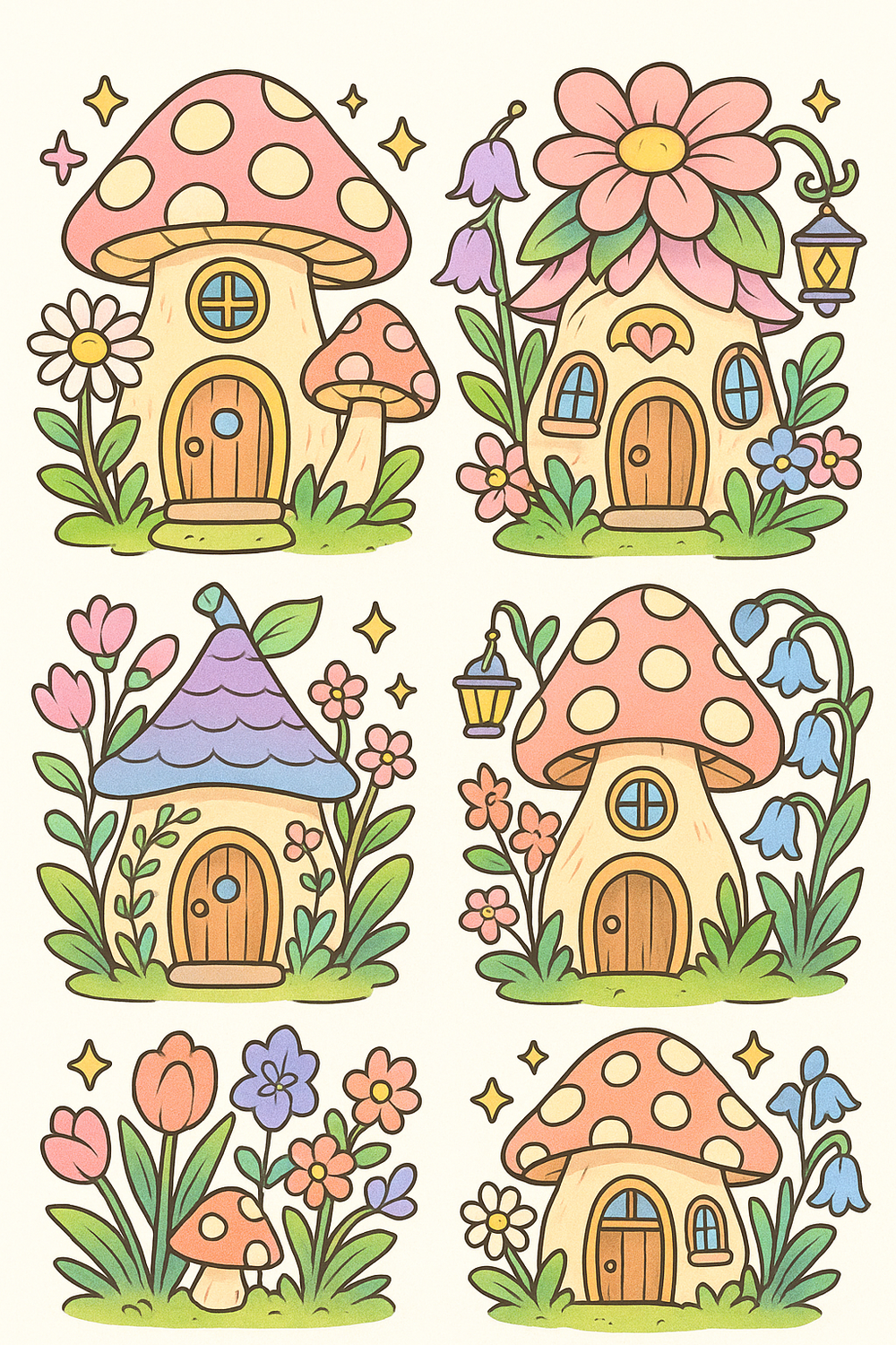 Colorful fairy houses coloring pages for kids with whimsical designs