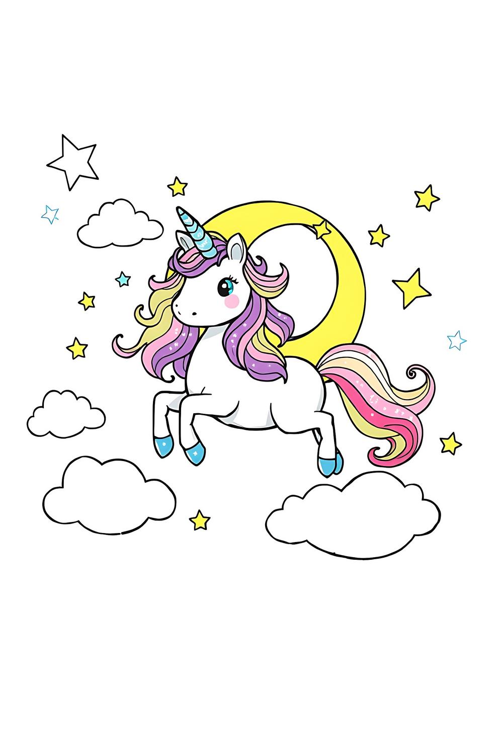 Cute Moon Unicorn coloring page for kids featuring vibrant colors and whimsical designs