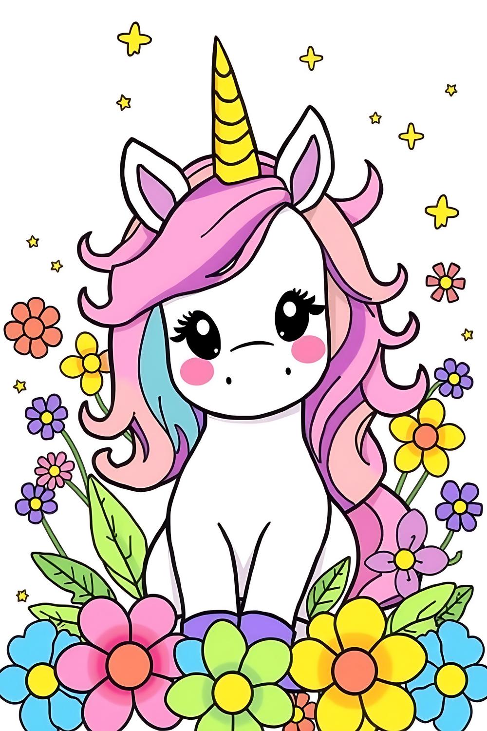 Cute unicorn coloring page for kids with vibrant flowers.