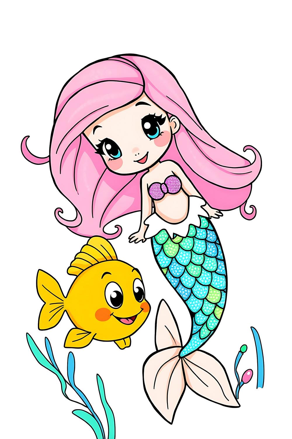 A colorful illustration of a mermaid and goldfish, perfect for kids' coloring activities.