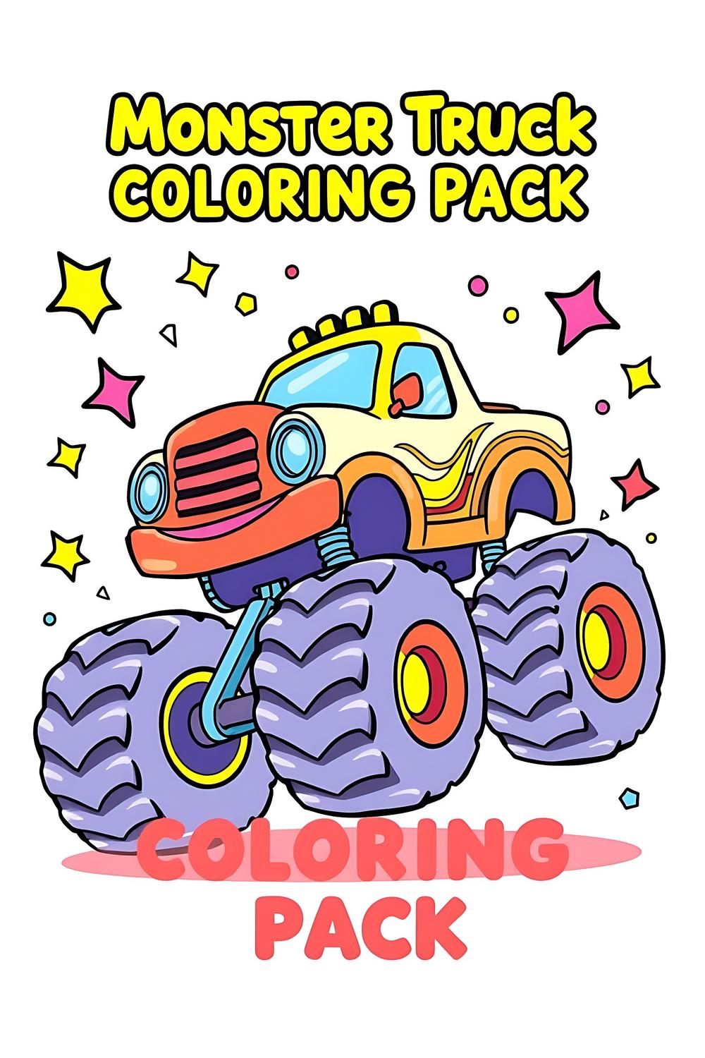 Vibrant monster truck coloring page for kids, featuring playful and lively illustrations