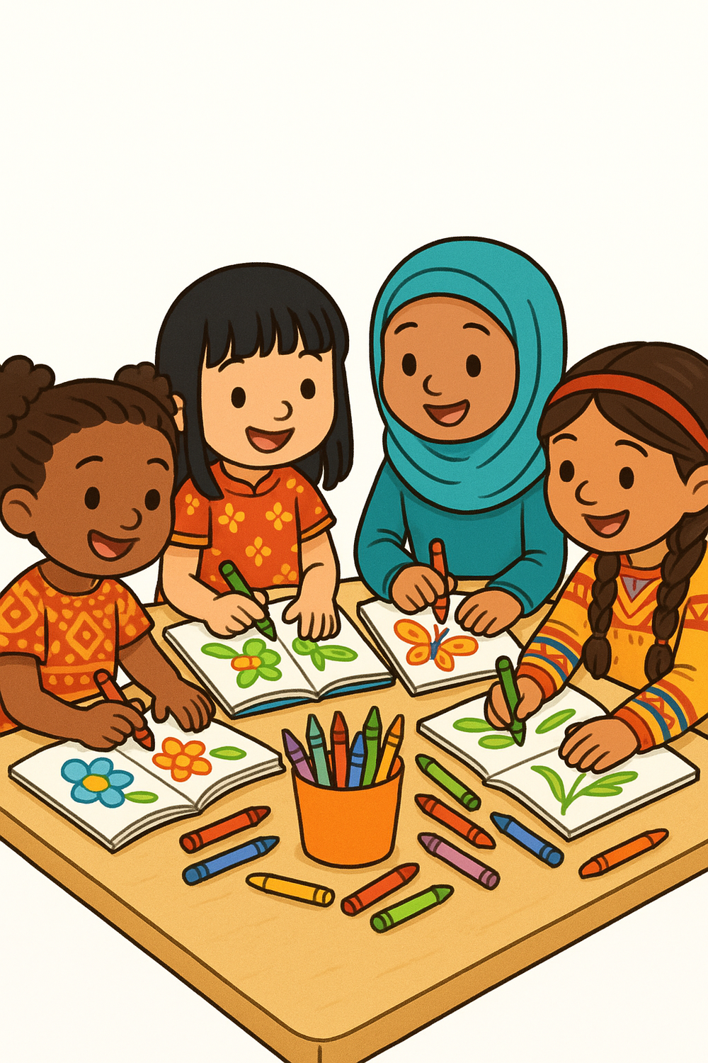 Colorful multicultural girls coloring together in a vibrant coloring book