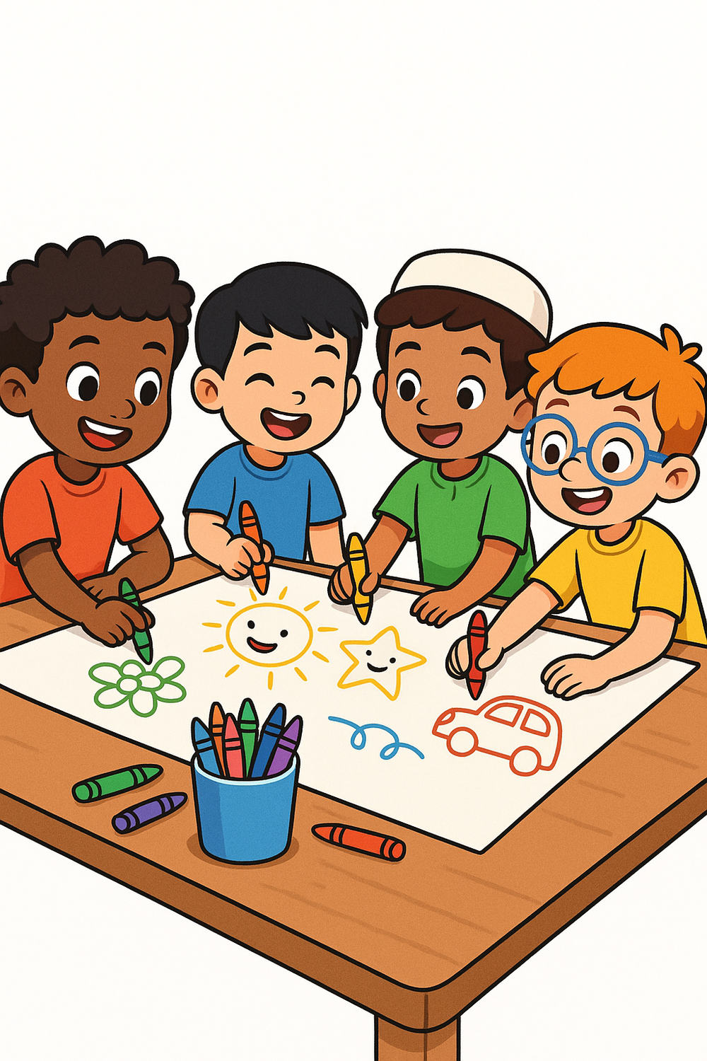 Vibrant coloring book cover featuring diverse boys happily coloring together.