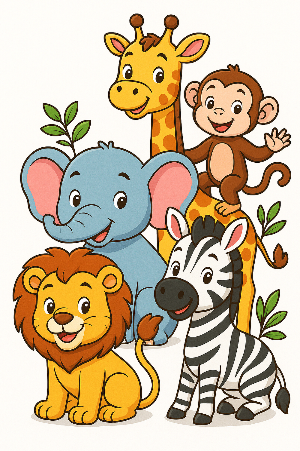 Colorful cartoon safari animals: lion, elephant, giraffe, zebra, monkey on a children's coloring book cover.