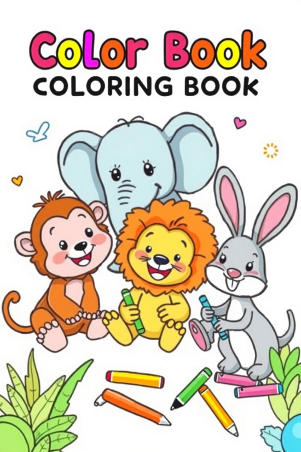 Whimsical animal coloring pages for kids, showing cartoon animals playing and coloring.