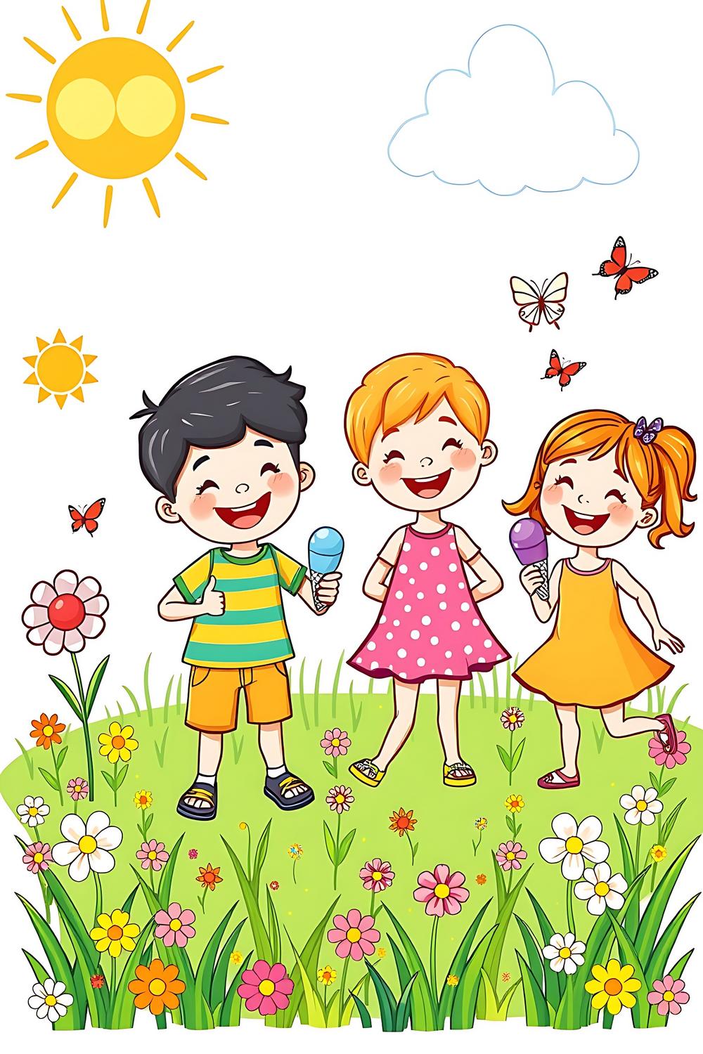Bright and colorful Summer Children Coloring Book Cover featuring happy kids and playful designs.