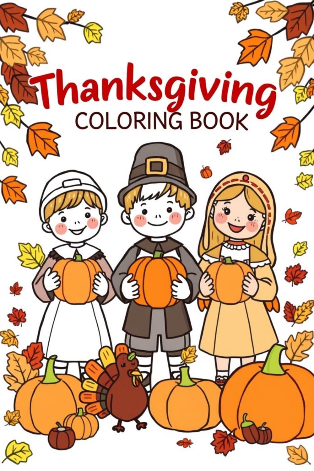 Thanksgiving Kids Coloring Book cover with friendly kids and festive illustrations