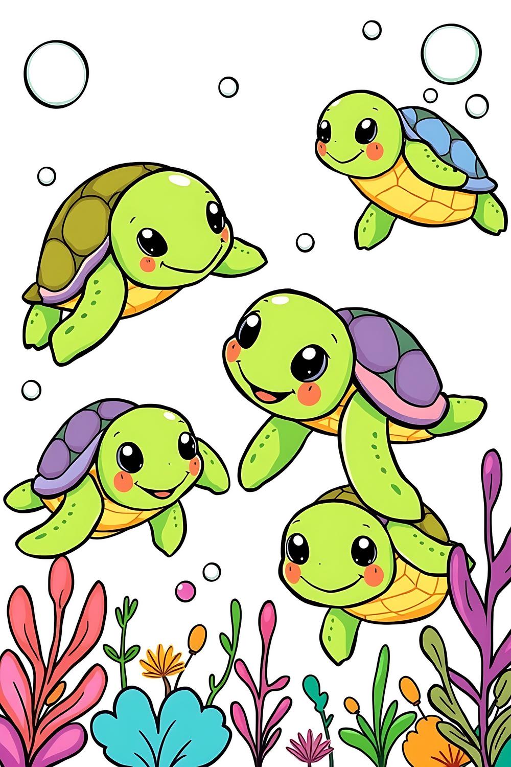 Turtles Coloring Book for Kids cover with playful, colorful turtles.