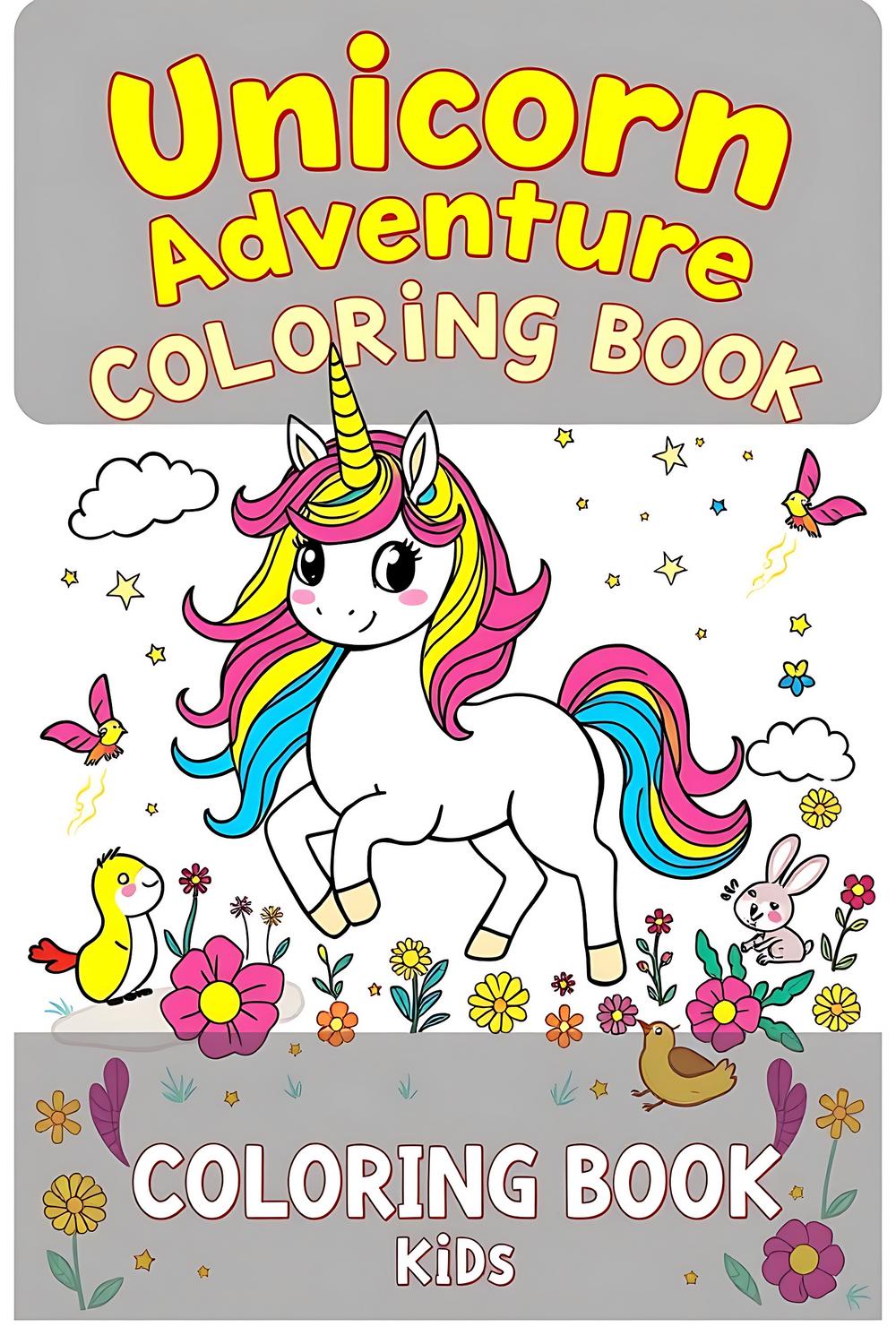 Unicorn Adventure Coloring Book cover with a joyful unicorn and magical elements