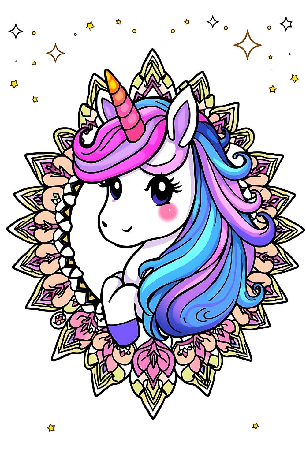 Cute unicorn surrounded by mandala patterns in a colorful fantasy galaxy