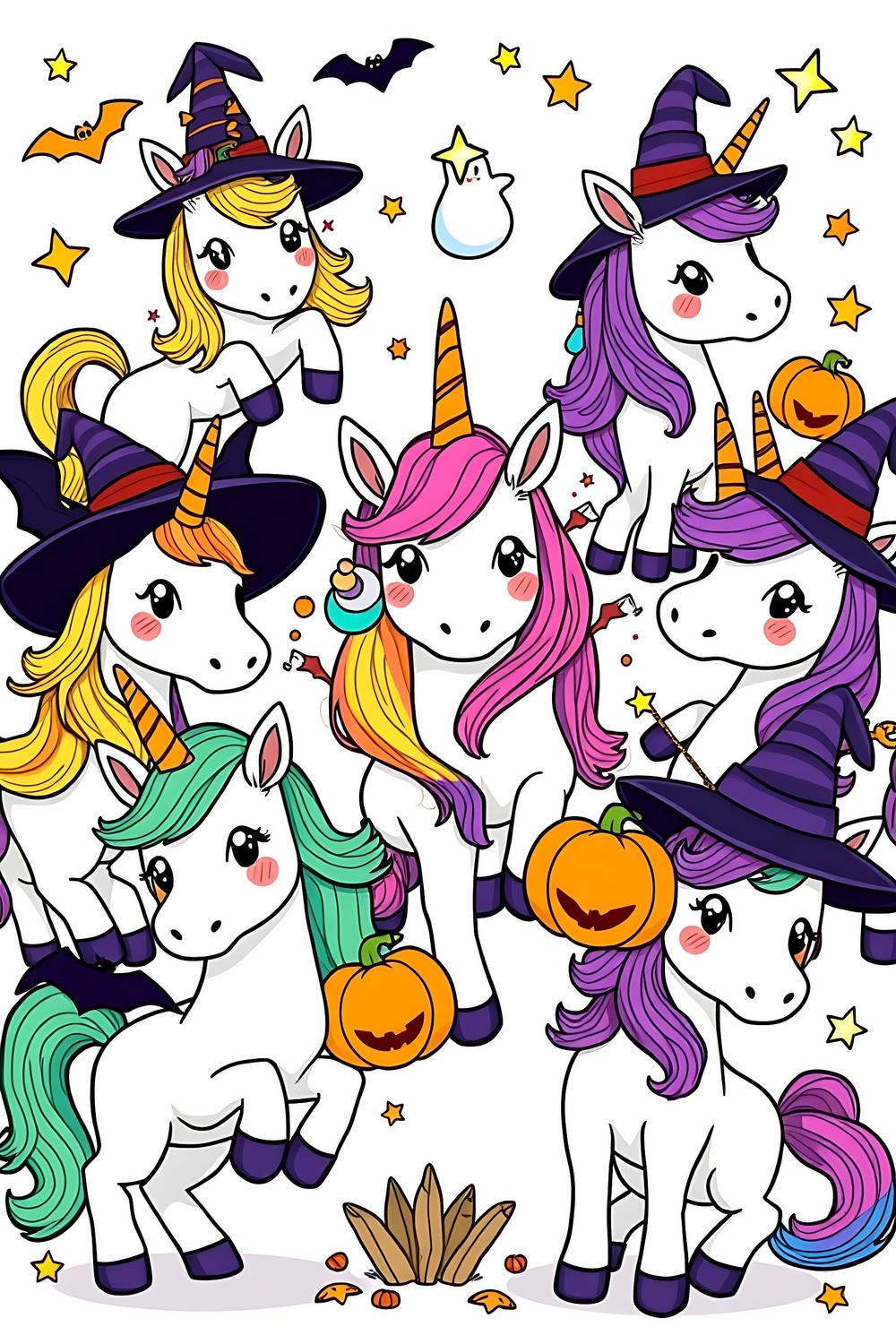 Colorful unicorn-themed Halloween coloring pages for kids