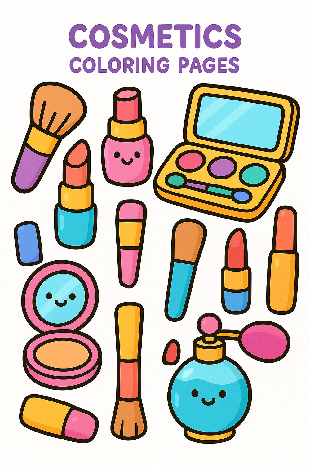 A vibrant collection of cosmetics-themed coloring pages for kids, featuring makeup brushes, lipsticks, and more.