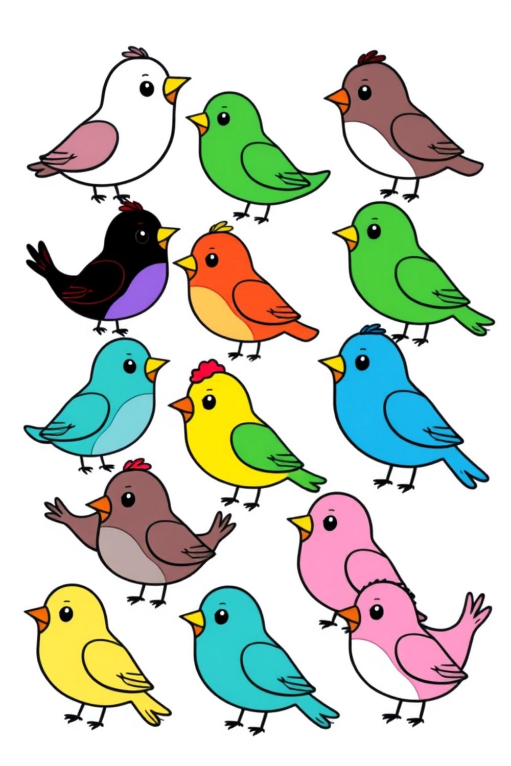 Colorful cartoon birds in a paint by number style for kids