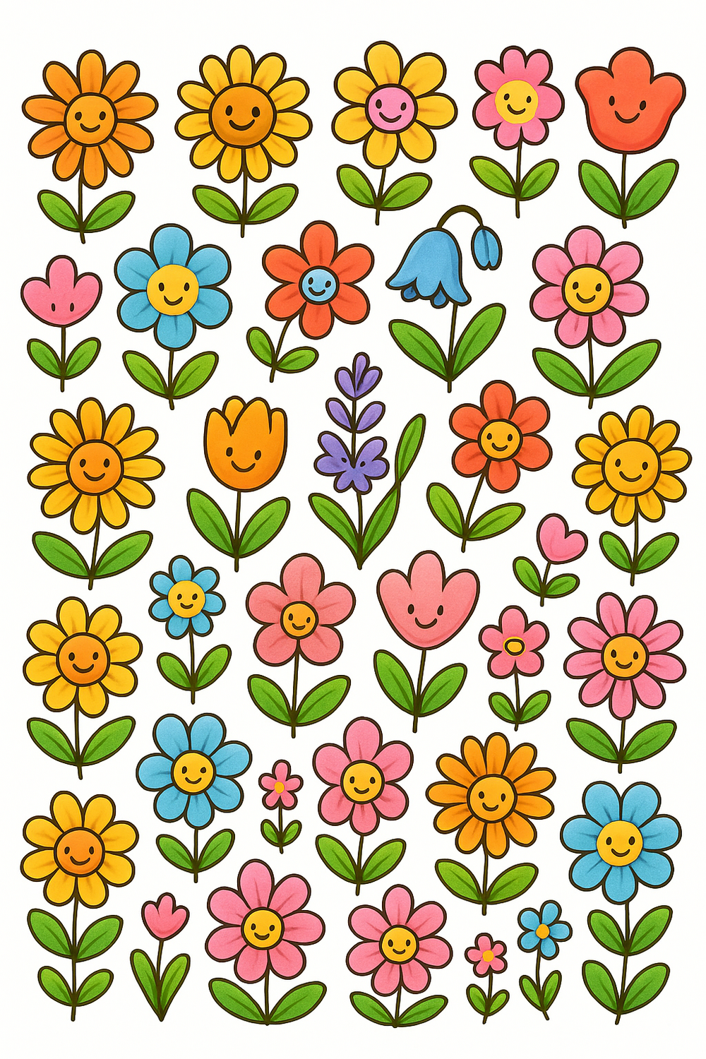 Colorful and cheerful set of 30 hand-drawn flowers for creative coloring