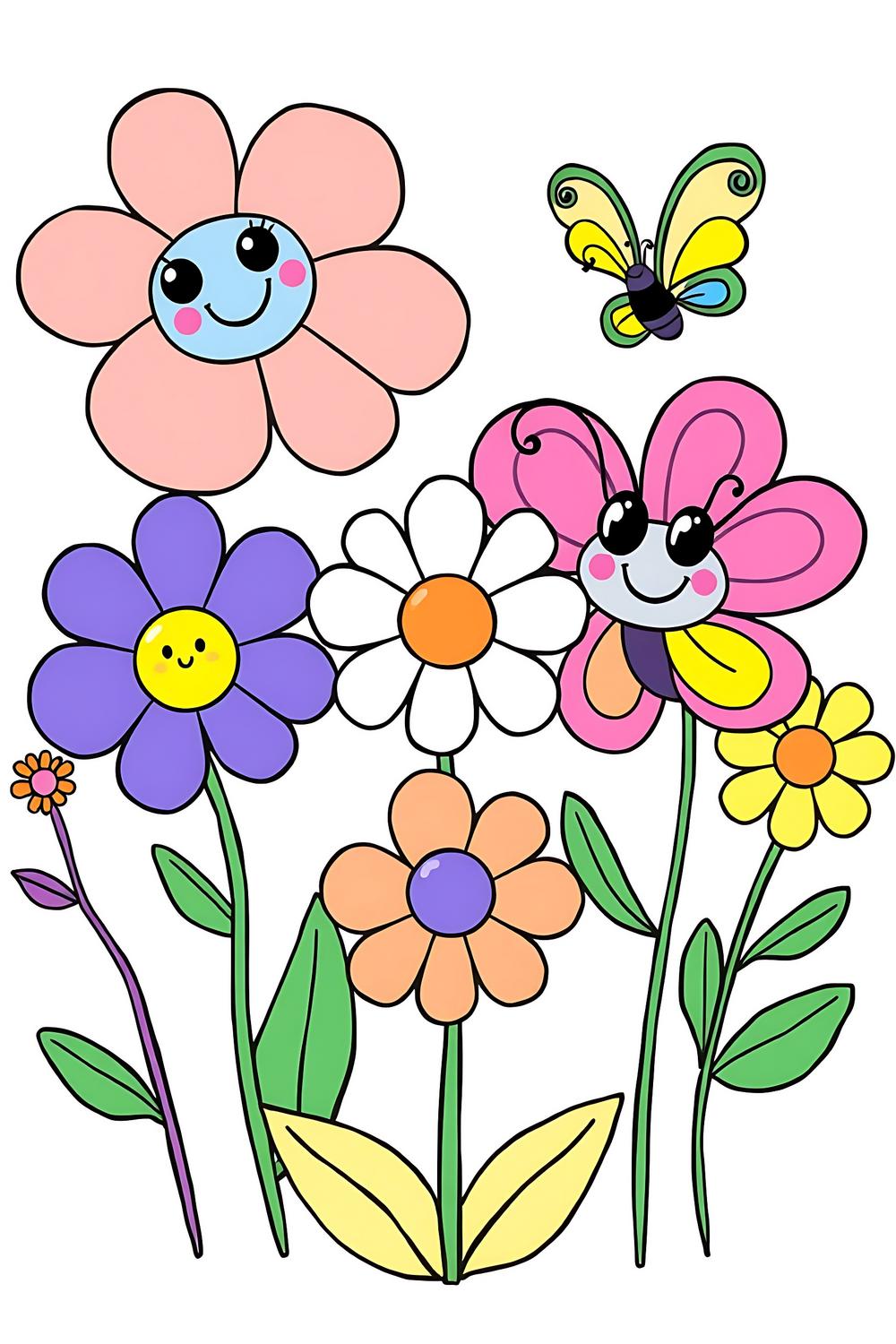 Vibrant flower and butterfly coloring pages for kids, featuring cheerful designs and bold outlines.