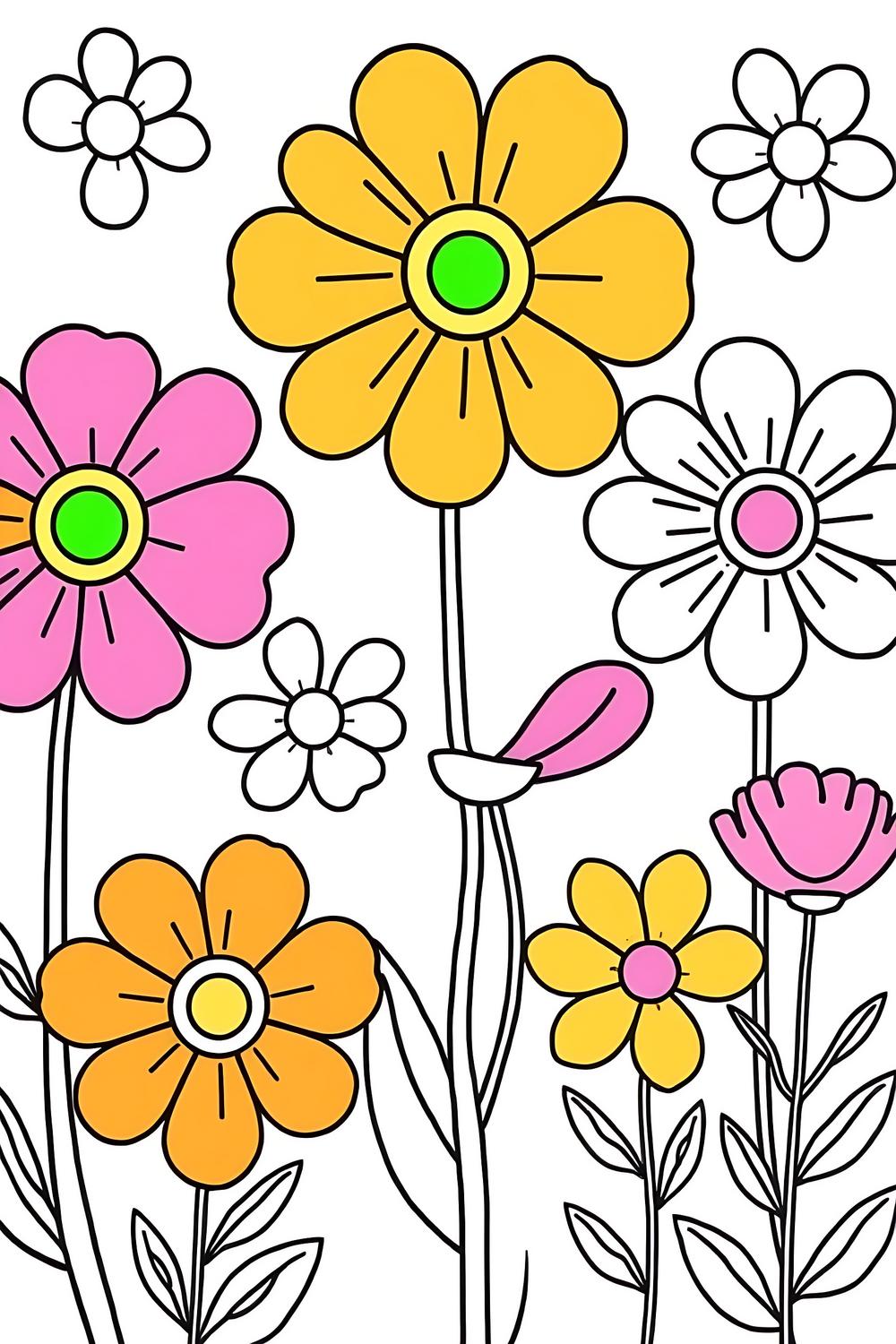 Vibrant flower coloring page featuring cheerful floral patterns.