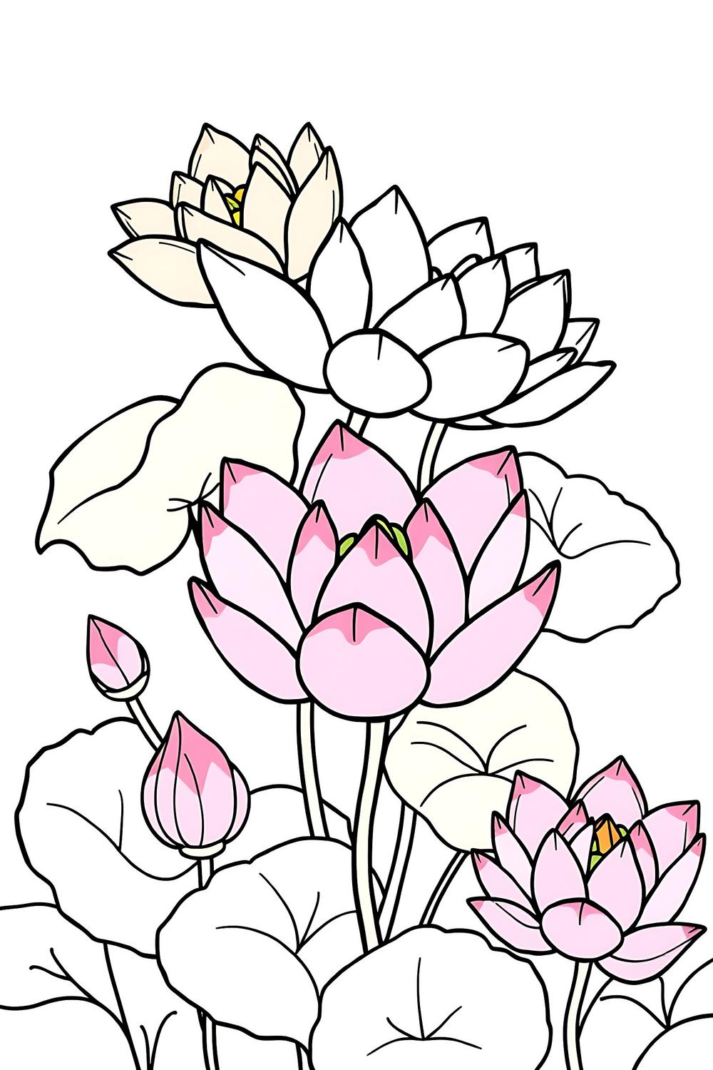 Colorful lotus flowers coloring book page for kids and adults.