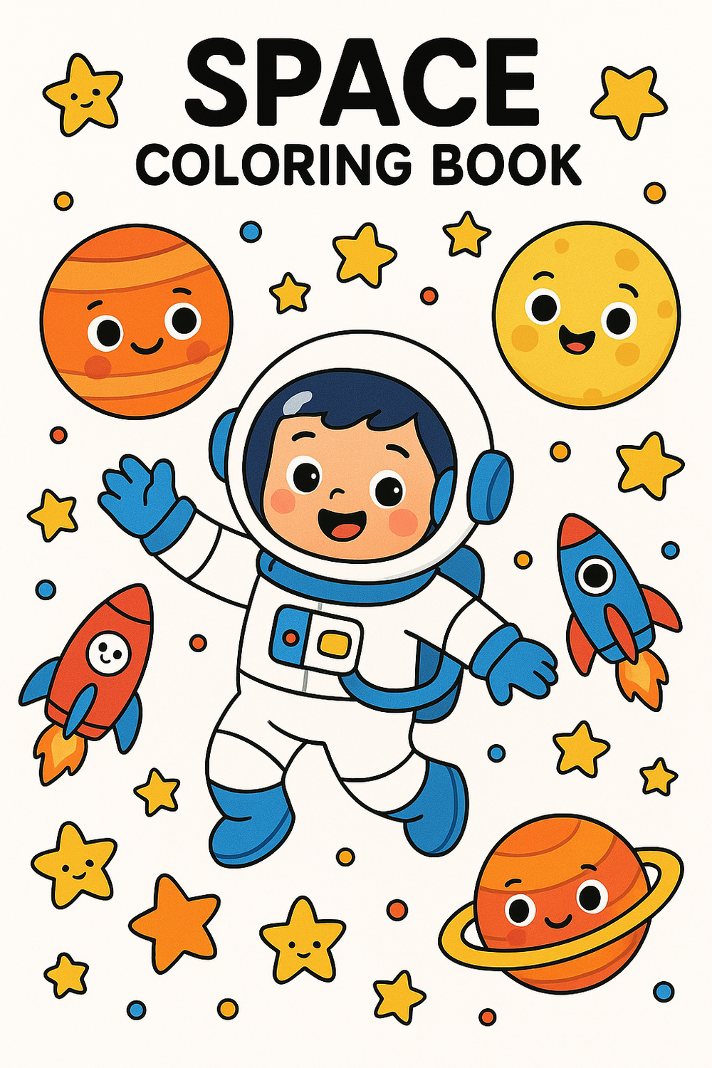 Vibrant cover of the Space Coloring Book for kids featuring friendly astronauts and planets