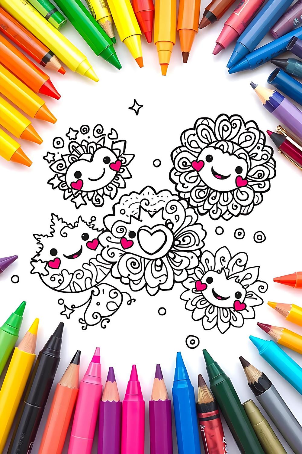 Colorful Zentangle-inspired black and white doodle designs for kids.